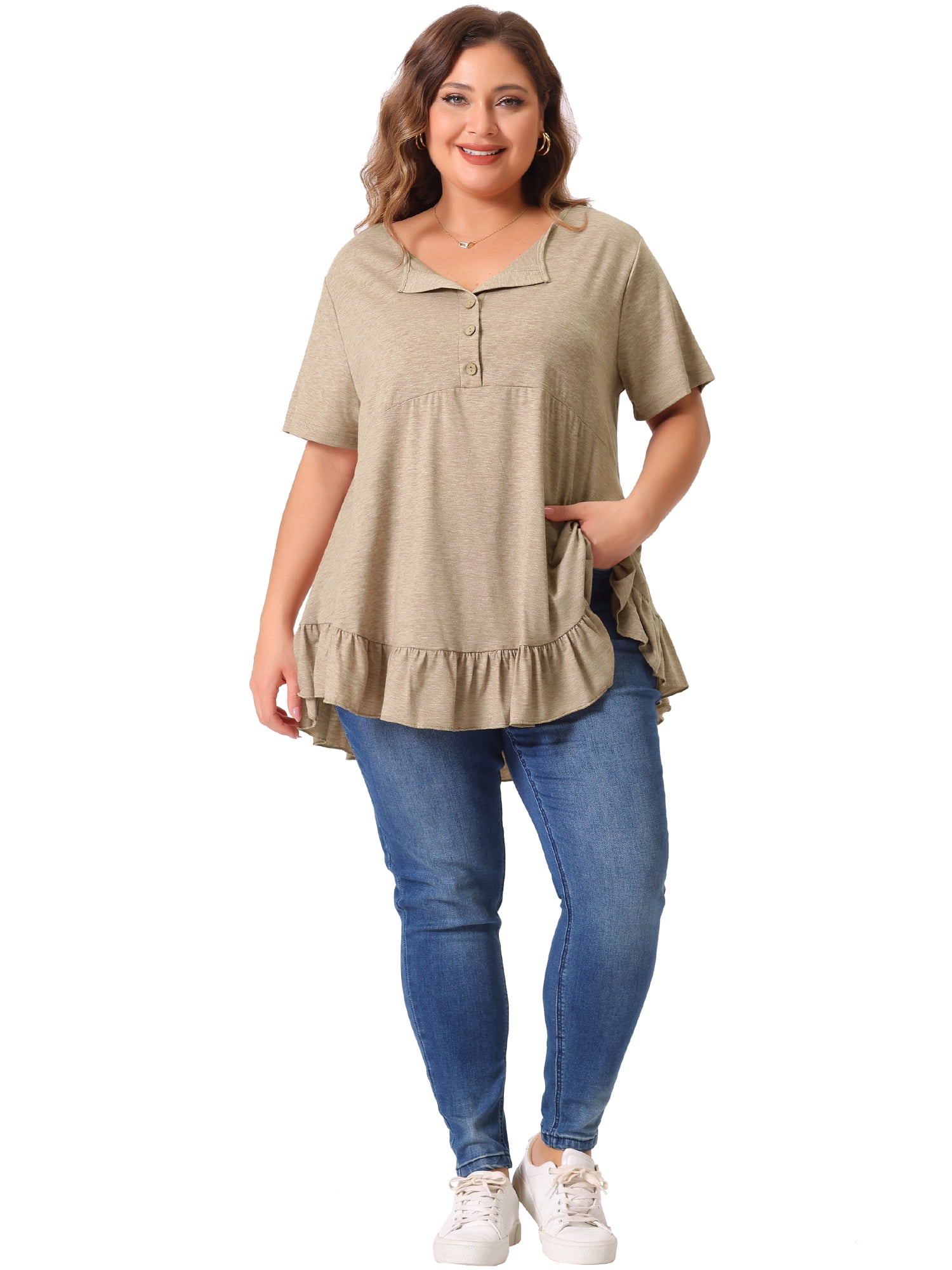 Women's Plus T Shirts Henley V Neck Button Up Short Sleeve Ruffled Hem Blouses Tops 2X Khaki Brown