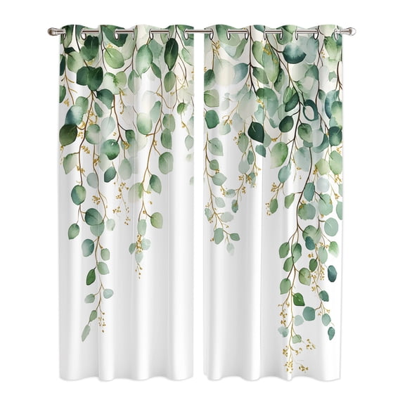 Eucalyptus Leaves Window Curtains Panels with Silver Grommet, Teal Botanical Summer Watercolor Kitchen Cafe Curtain Draperies Window Treatment Set for Living Room/Bedroom/Laundry Room/Bathroom, 84x84