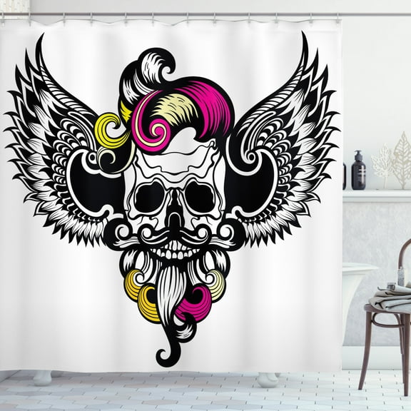 Ambesonne Gothic Shower Curtain, Crazy Design Skull, 69"Wx70"L, Magenta Yellow