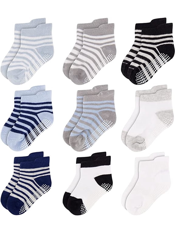 Unisex Toddler Socks, Baby Boy Socks, 9 Pack - Non Slip Low-Cut Grip Socks for Infants & Toddlers