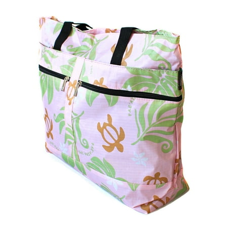 - Hawaiian Print Double Zipper Tote Bag in Honu Turtle Flowers in Pink
