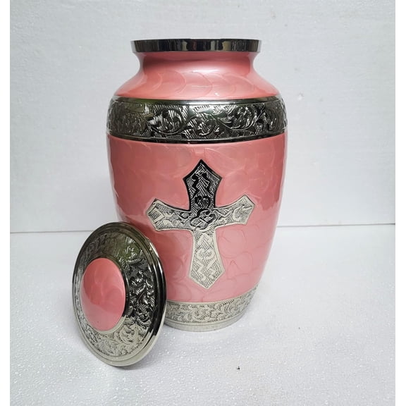 Sacred Cross Pink Cremation Urn – 10-Inch Memorial Urn for Adult Human Ashes
