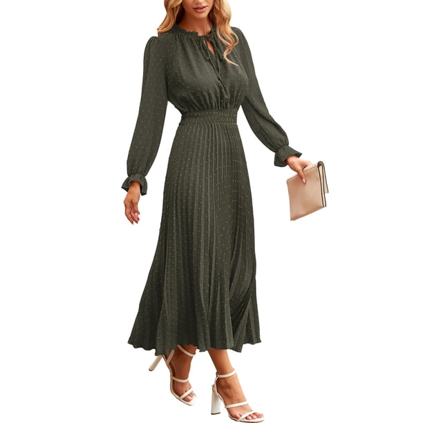 Vestido PRETTYGARDEN Midi Verde Militar con Pompones y Mangas Largas Talla L
