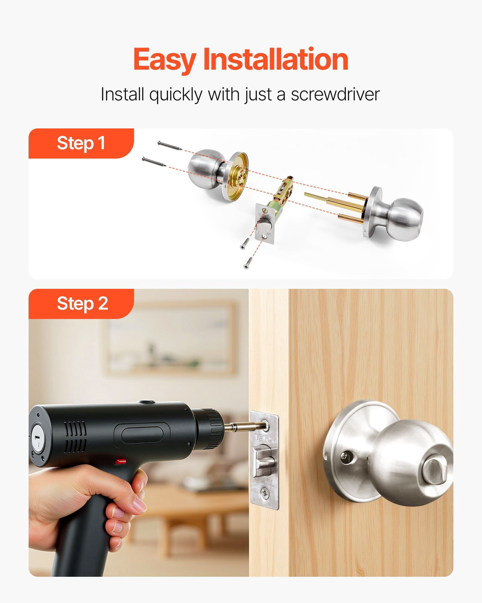 Keyed Entry Door Knob, Satin Nickel Round Ball Doorknob with Keyed Exterior and Thumb Turn Lock Interior, All Metal Hardware for Bedroom Bathroom