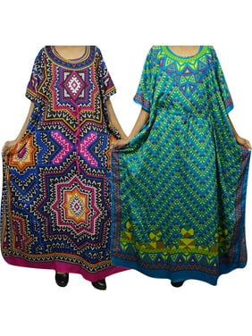 Mogul Women's Cover Up Maxi Caftan Printed Kimono Sleeves Sleepwear Evening Resort Wear Kaftan 4X 2PC