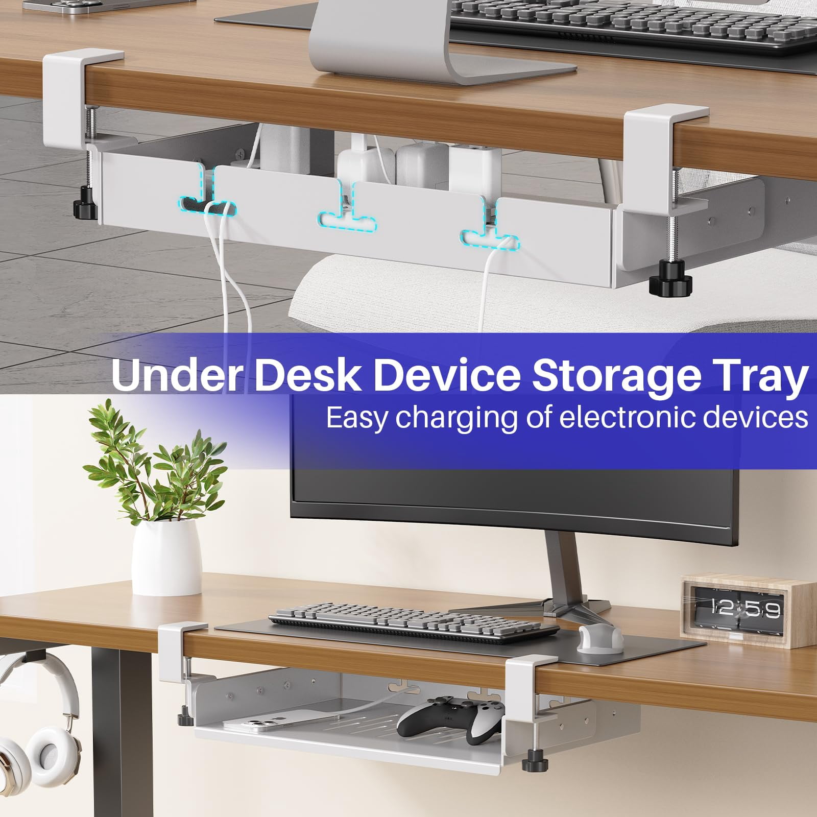 No Drill Under Desk Storage Shelf  Metal Drawer Organizer With Clamp Mount Adds Tray For Office Desks Table Gaming Workstations (white)