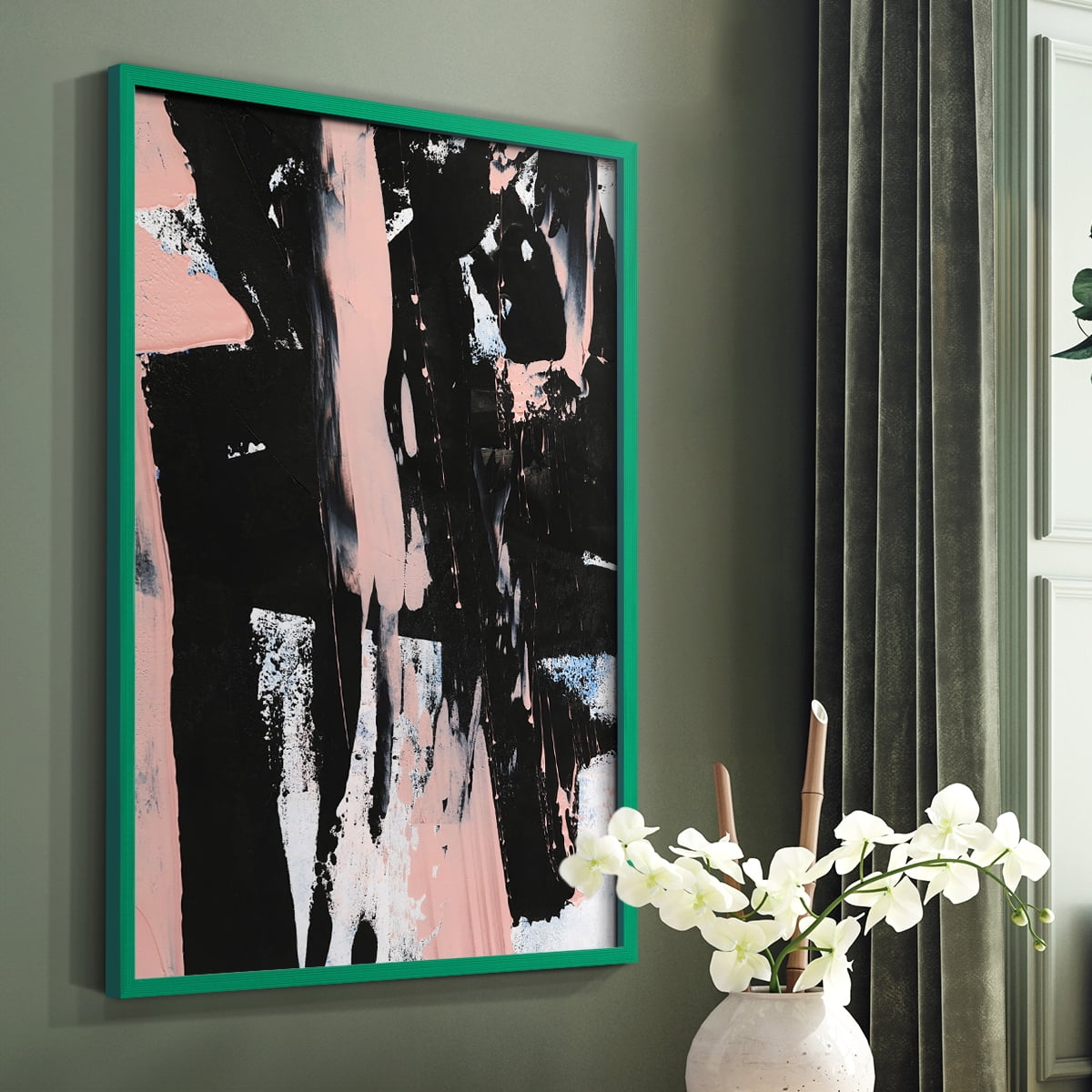 Black & Blush I Framed Print in Green Solid Wood Framed Print No Nail Hanging
