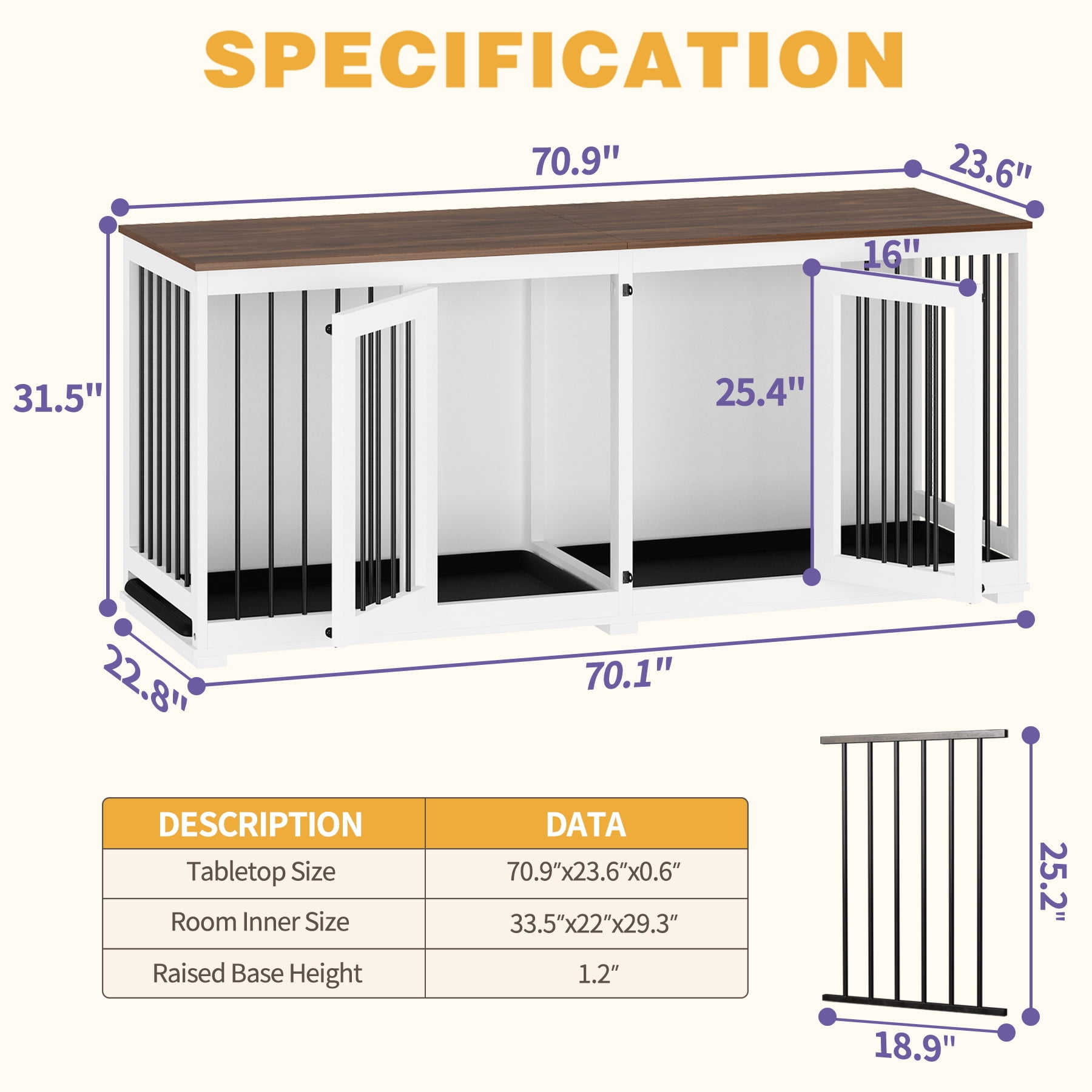 NARTRU 70.9" Large Double Dog Crate Kennel Furniture with Trays and Divider for Small Medium Large Dogs Indoor, White