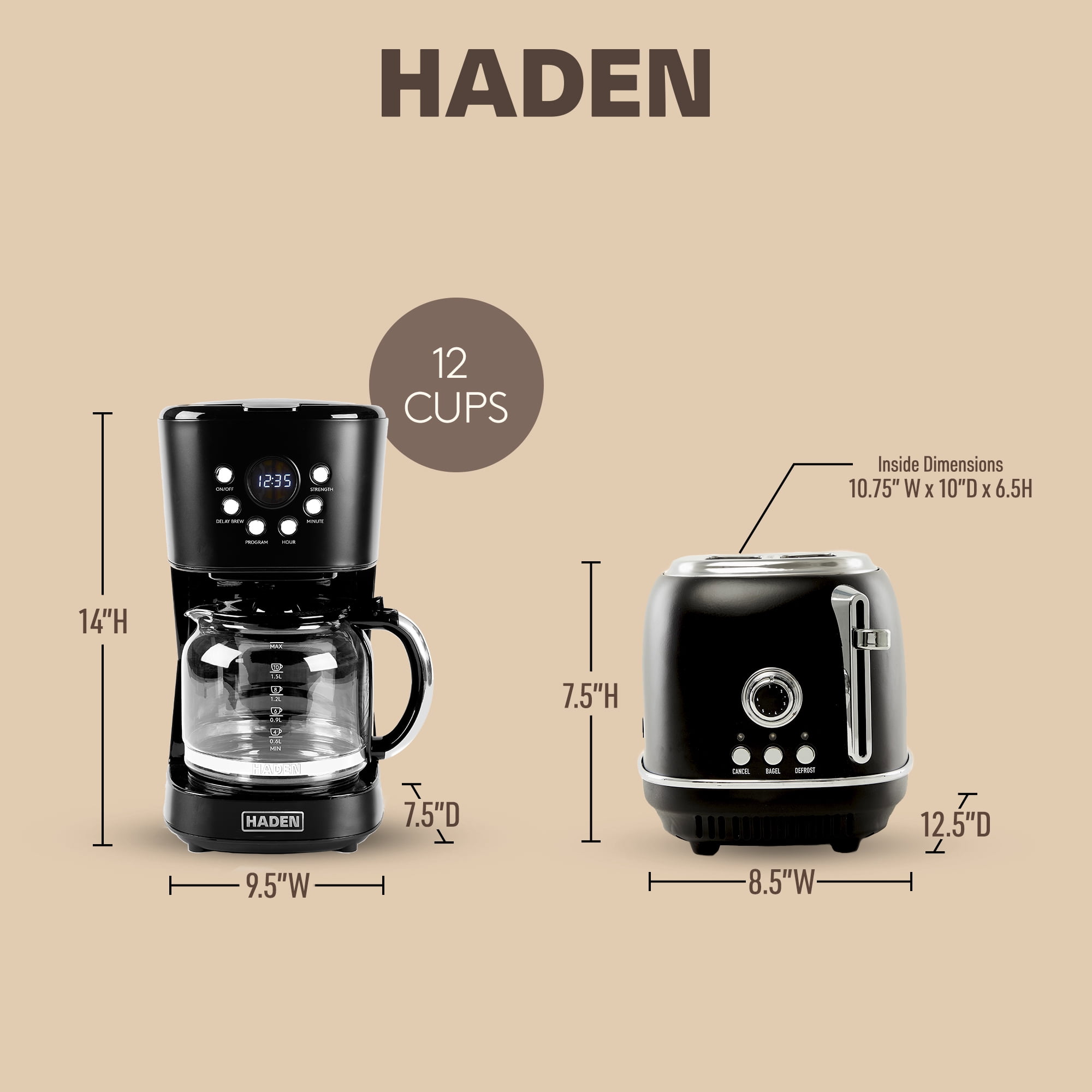 Haden Coffee Maker & Heritage 2 Slice Wide Toaster, Black & Chrome
