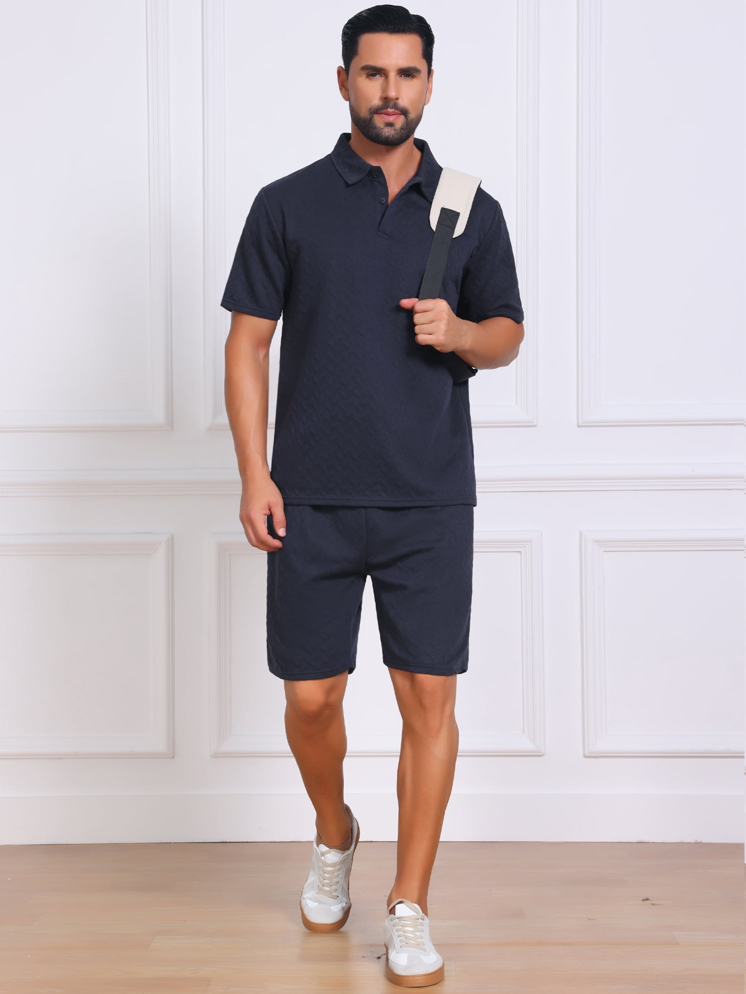 DARING DIVA Men's 2 Pieces Jacquard Polo Shirt & Drawstring Shorts Outfits XL Navy Blue
