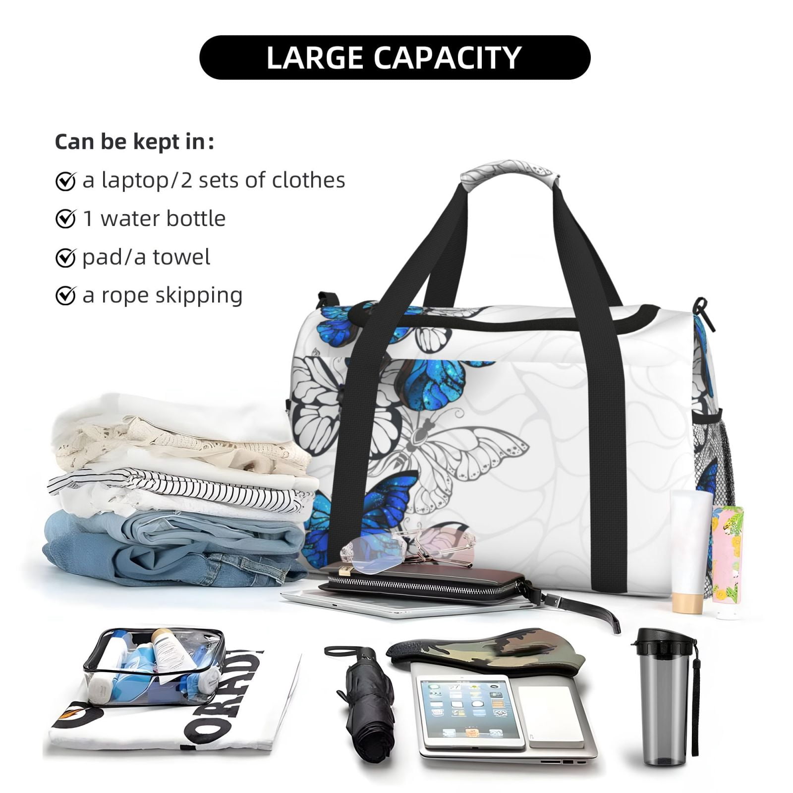 Defioc Blue Flying Butterflies Print Hand Travel Bag - Foldable Travel Duffel Bags for Men Women -Sport Gym Bag - Overnight Travel Duffel Bag - Adjustable Shoulder Strap