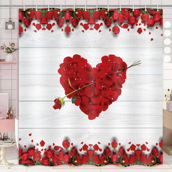 Valentine''s Day Shower Curtain, Romantic Red Rose Flower Valentines Bathroom Curtains, Rustic Farmhouse Waterproof Cloth Fabric Bathroom Decorations 71 X 71 Inches
