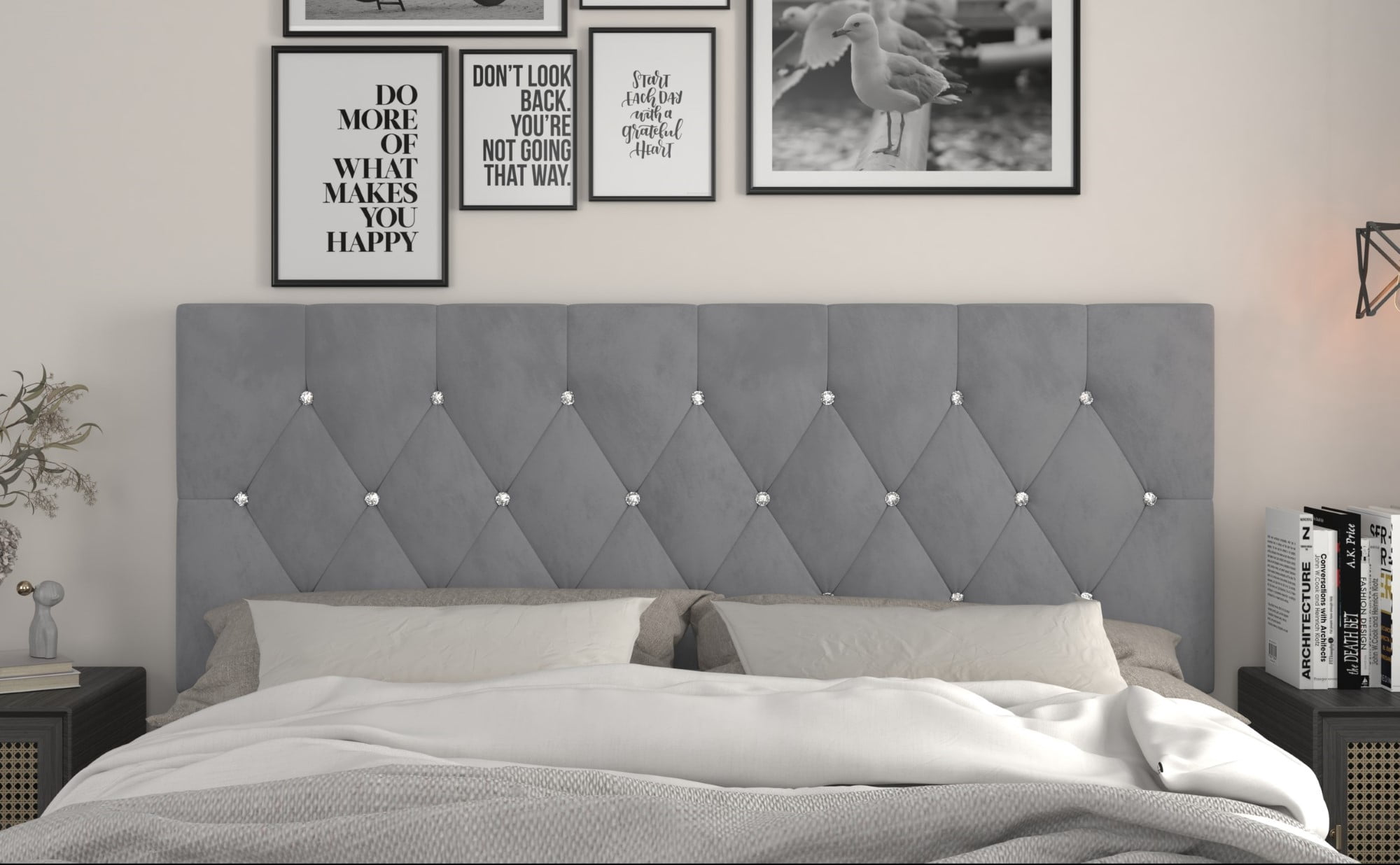 Home Design Concetta Twin Tufted Upholstered Adjustable Headboard, Silver Gray, Velvet with Diamond Button Tufting, Modern Bedroom Furniture
