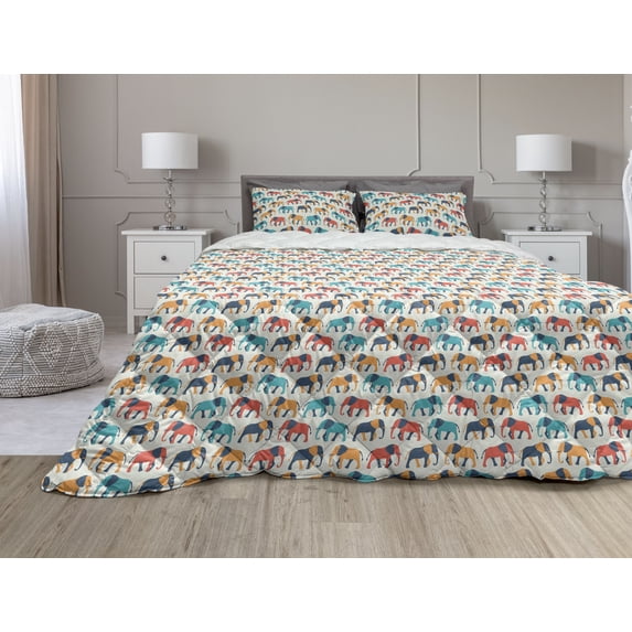 Animal Comforter & Sham Bedding Set, Retro Style Colorful Animals with Tusks Cartoon Style Wildlife Savannah Concept, 3 pcs Duvet Set Microfiber Filling Quilt, 5 Sizes, Multicolor, by Ambesonne