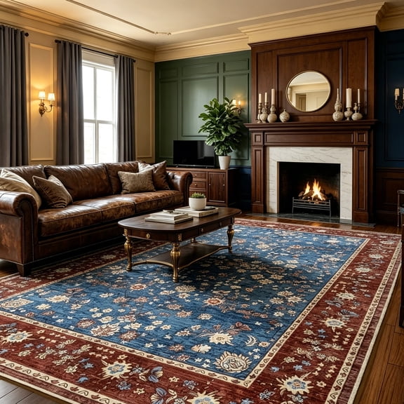 Jamfeel Area Rugs Vintage Floral Printed Washable Rugs Soft Low Pile Non Slip Carpet for Living Room 5'x8' Blue and Red