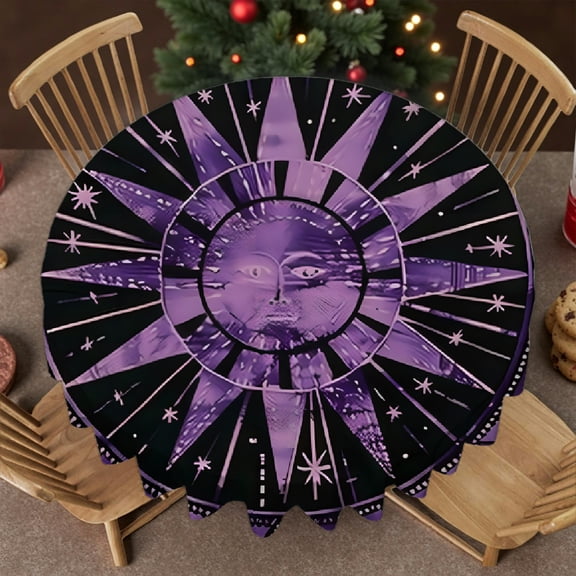 RKSupls 60 Inch Mystic Sun Moon Purple Design Round Tablecloth, Polyester Tablecloths - Holiday-Themed Design Soft, Wedding, Party, Holiday, Home Dining