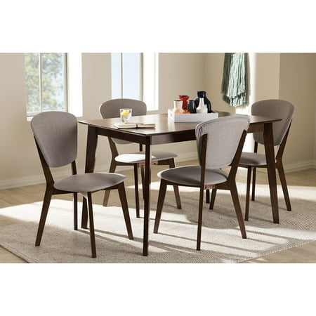 Baxton Studio Tarelle Mid-Century Modern Walnut-Finished Light Grey Fabric Upholstered 5-Piece Dining Set