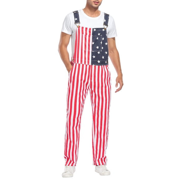 American Flag Overalls Adjustable Straps Mens Red White Blue Bib Coveralls 4th of July Romper