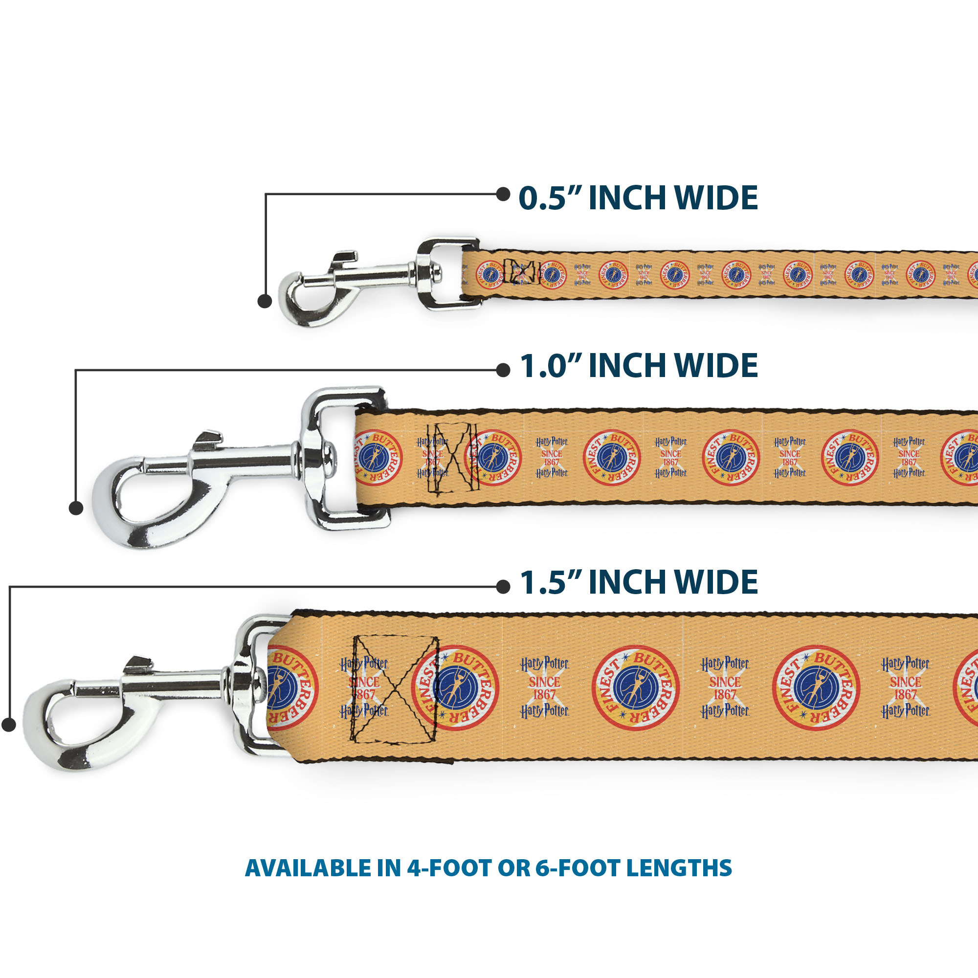 The Wizarding World of Harry Potter Pet Leash, Dog Leash, Harry Potter Since 1867 Finest Butterbeer Yellow Blue Red, 6 Feet Long 1.0 Inch Wide