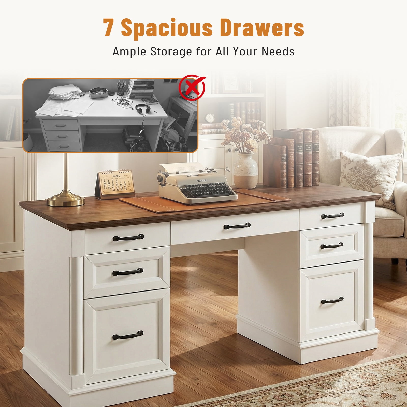 EDX Wood Computer Writing Desk Farmhouse Executive Desk, Rustic Office Desk with Charging Station and Keyboard Tray,Home Workstations with File Drawer, Storage Cabinet, White