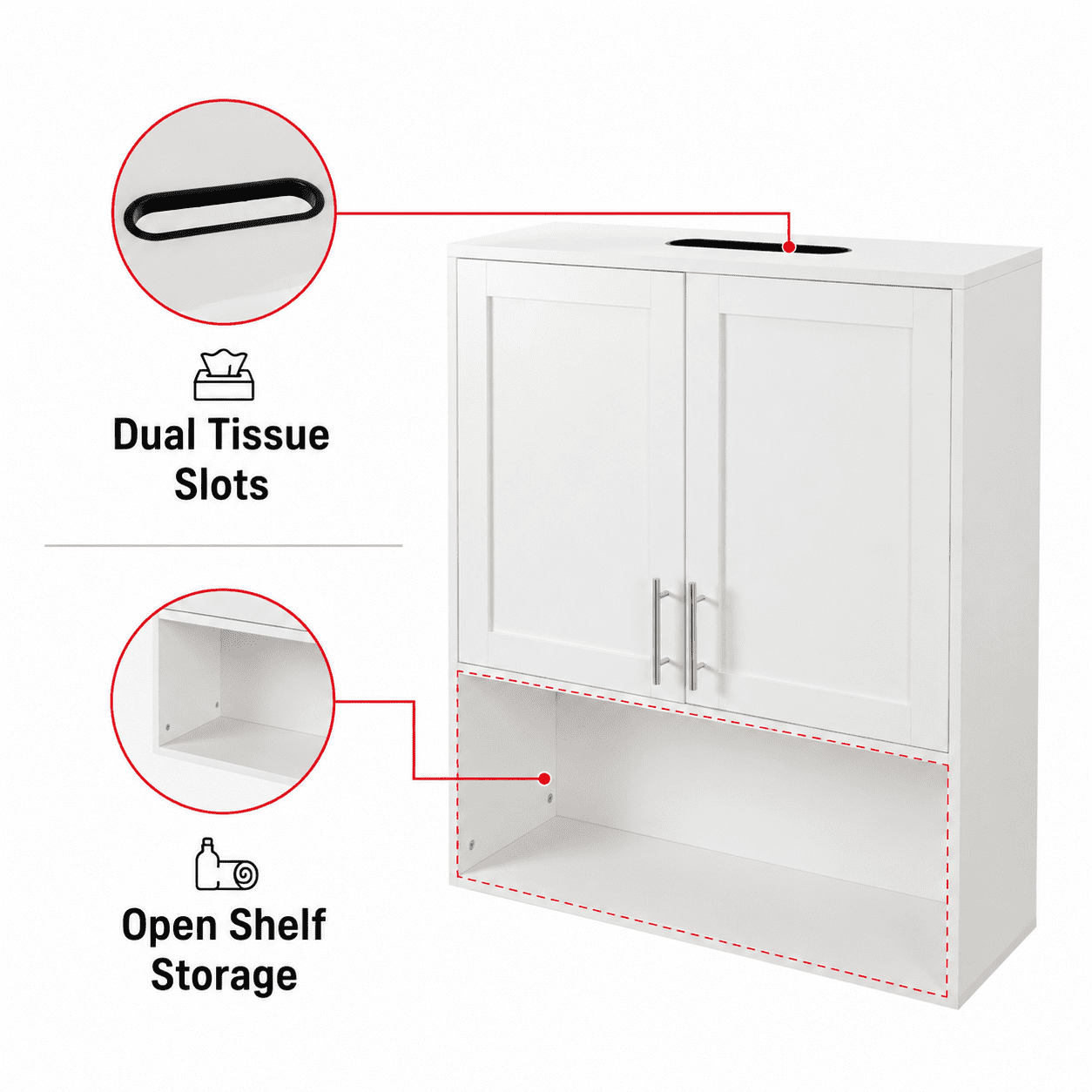Aukfa Bathroom Wall Cabinet with Tissue Dispenser Slot, 2-Door Over the Toilet Storage Cupboard, White