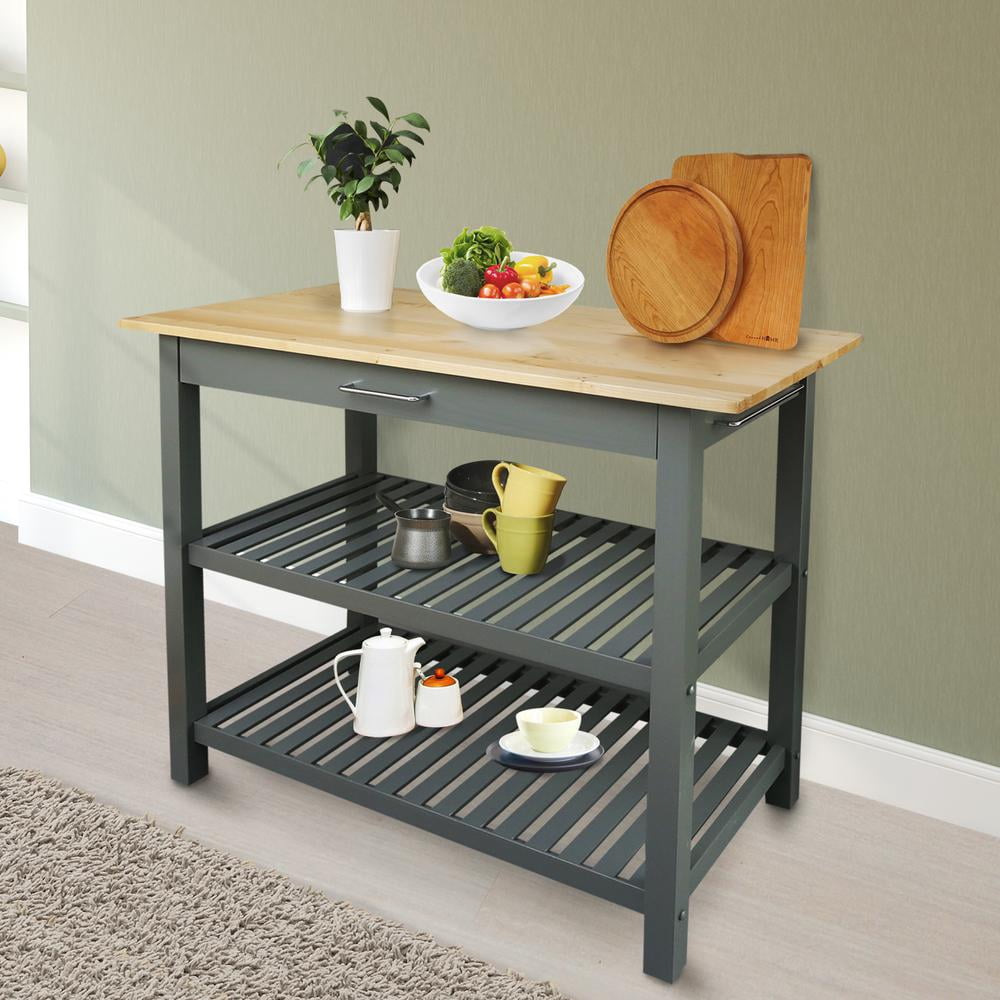 Kitchen Island Bar Station with Hardwood Counter Top - Slate Gray