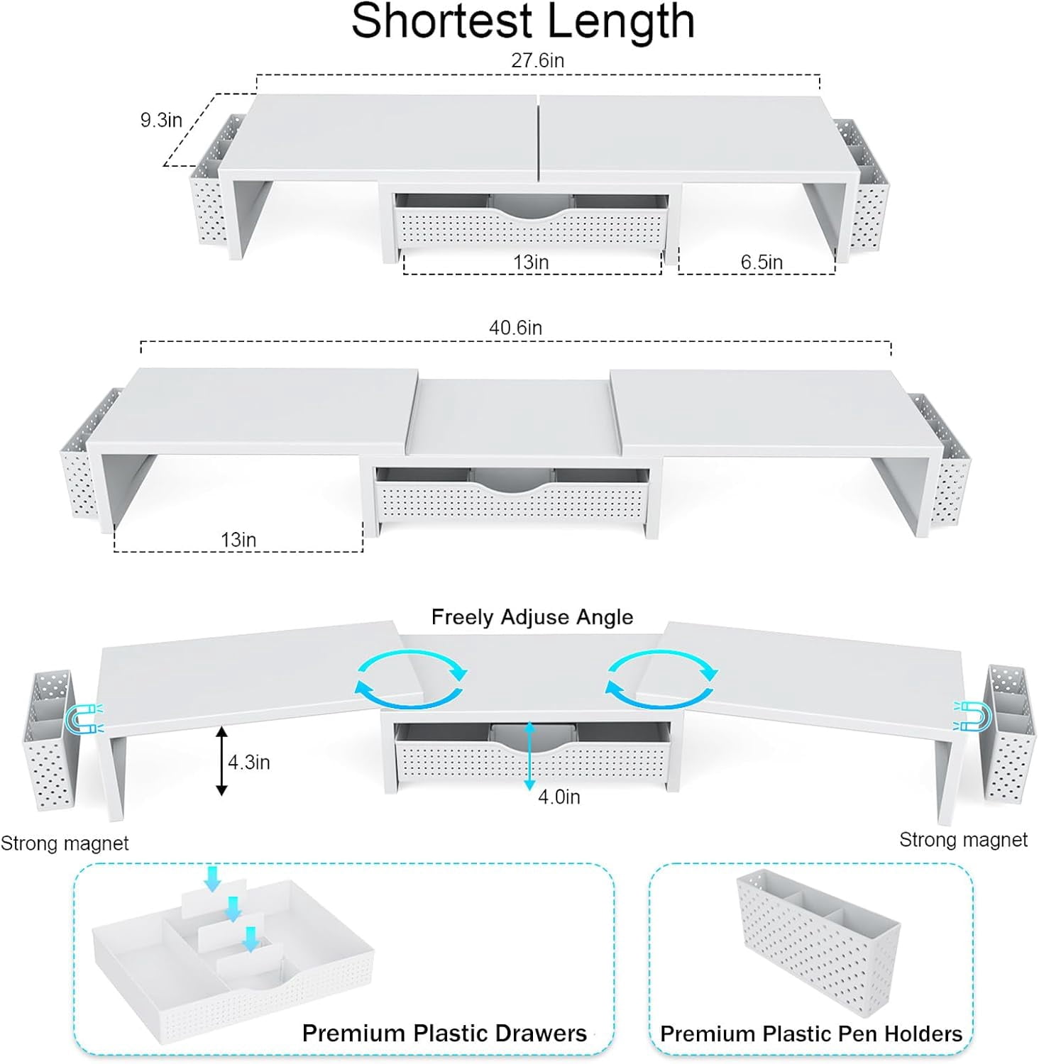 Dual Monitor Stand Riser with Drawer and Pen Holders, White Desk Organizer