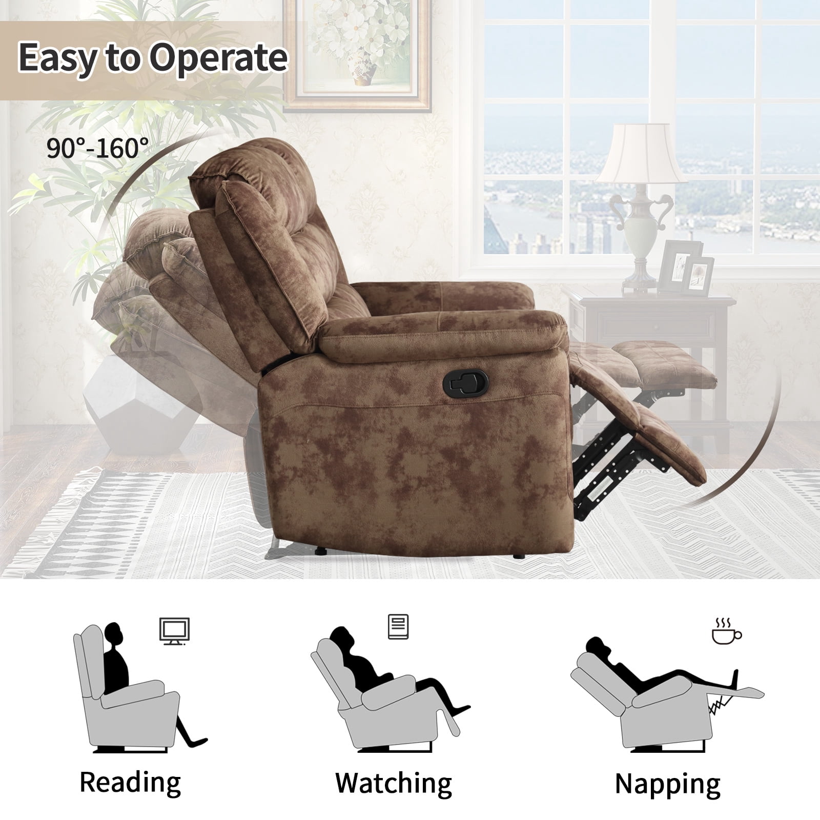 Bonzy Home Cloth Loveseat Recliner Manual Reclining Sofa for Living Room & Meeting Room Brown