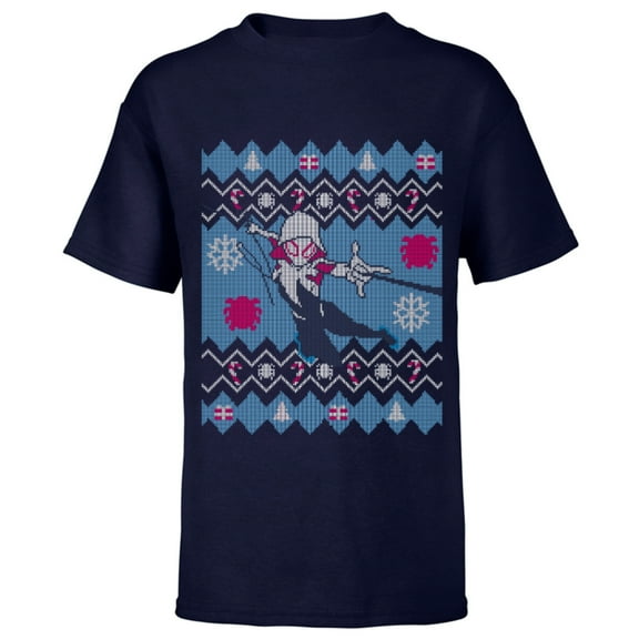 Marvel Ghost-Spider Spider-Gwen Ugly Christmas Sweater - Short Sleeve T-Shirt for Kids - Customized-Navy