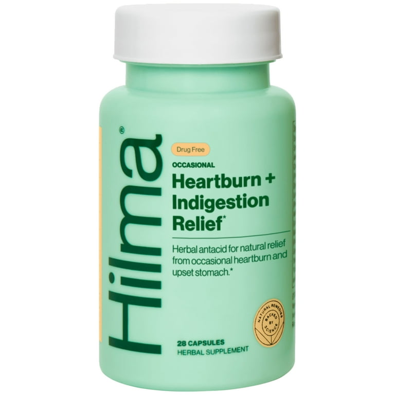 Hilma Occasional Heartburn + Indigestion Relief Herbal Supplement Vegan Capsules, Doctor Formulated, 28 Count