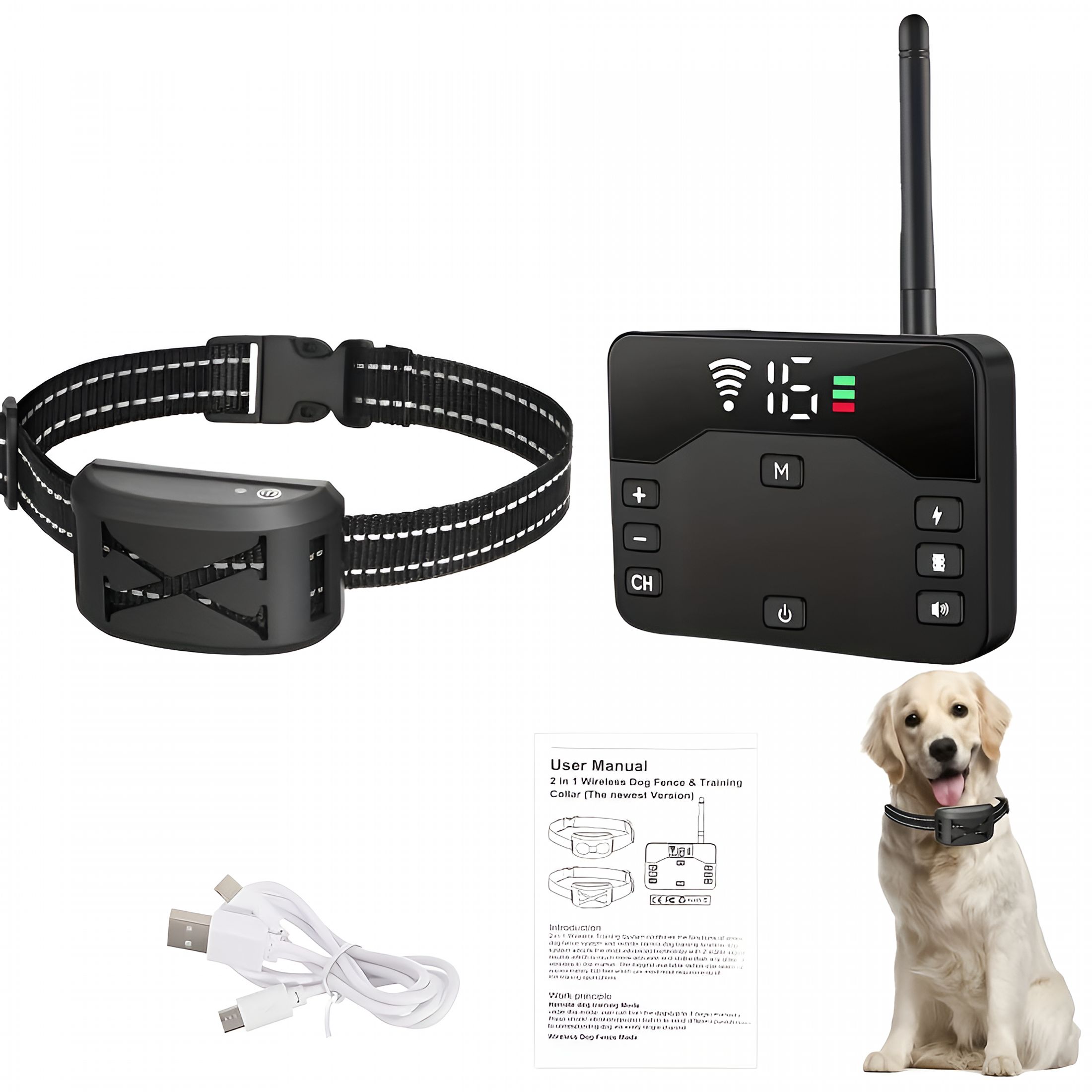 GJX Upgraded Wireless Dog Fence System with 9-Level Remote Control for Three Dog Leashes, Electric Dog Fence and Training Collar, Adjustable Wireless Dog Boundary Containment System
