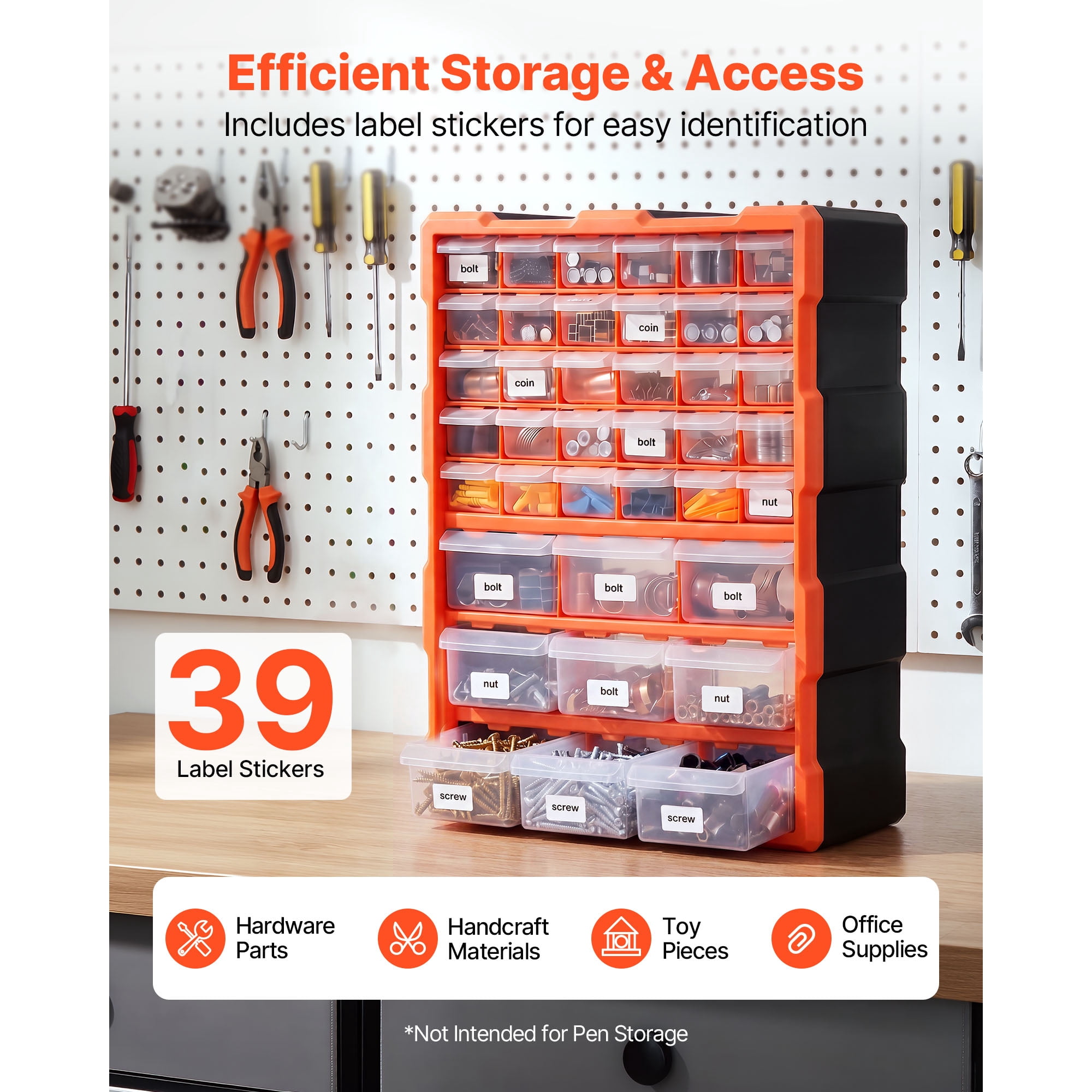 KFFKFF 39-Drawer Plastic Storage Organizer, Stackable Cabinet for Garage Organization, Wall-Mounted Toolbox for Small Parts, Hardware, Beads, Screws, Crafts, and Building Bricks