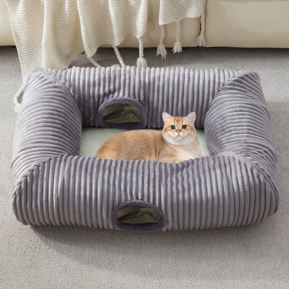 WINDRACING Square Cat Tunnel Bed – XL Washable Plush Pet Hideaway & Interactive Play Cave for Kittens, Puppies & Rabbits (Grey)