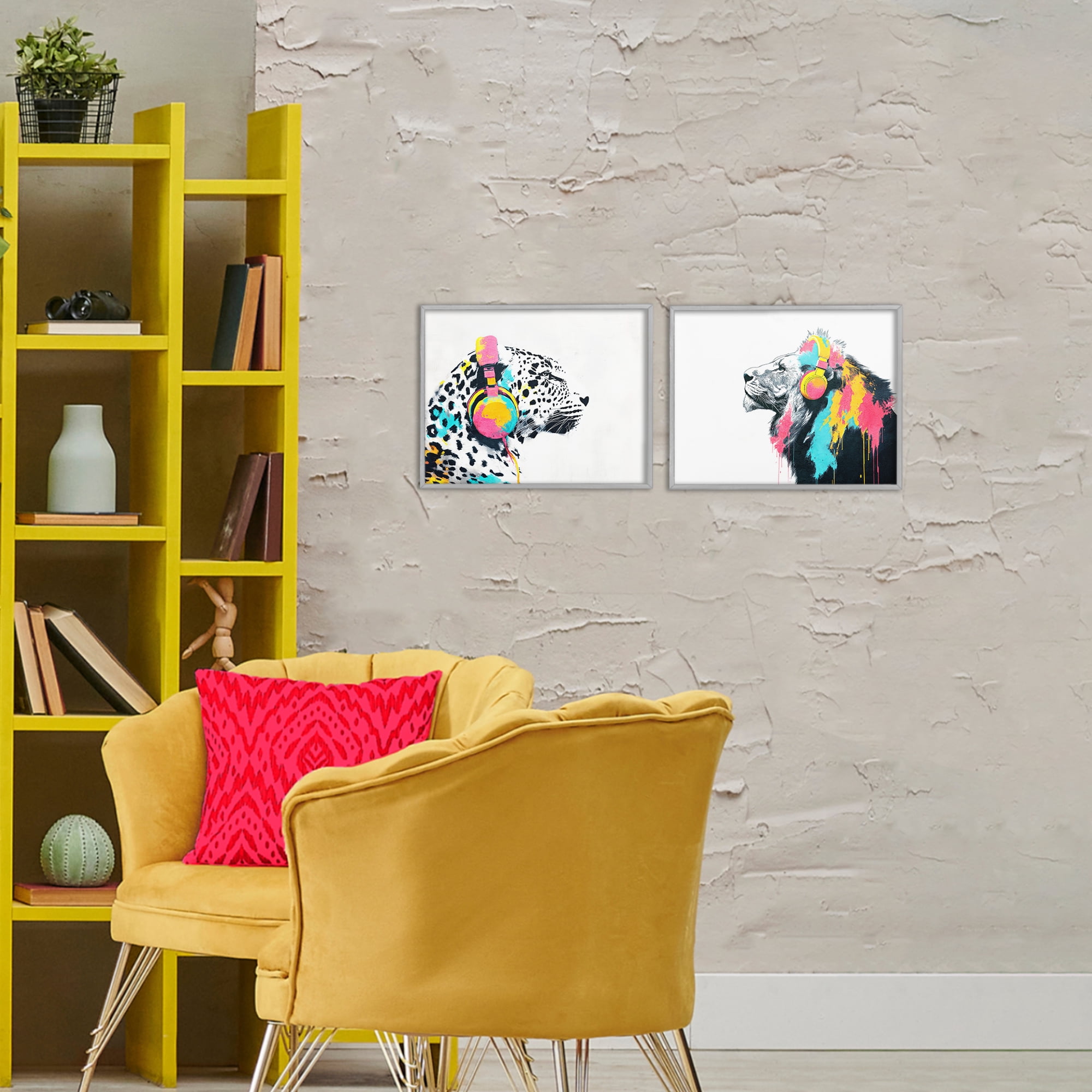 Stupell Industries Leopard and Lion On Air 2 Piece Gray Framed Giclee Art Set, design by Svetlana Aleynikova