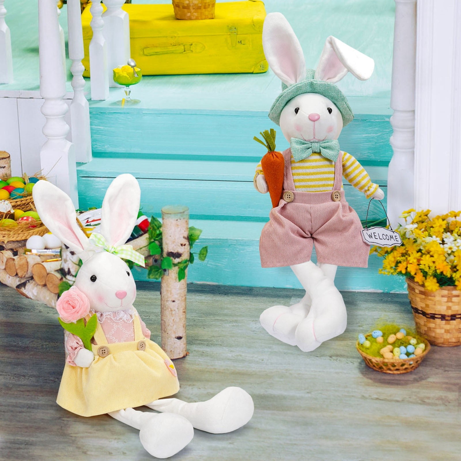 17.3in Easter Decorations Plush Bunny Doll with Welcome Sign for Easter Party Decor and Kids Easter Gifts, Soft PP Cotton Easter Decor Rabbit Figure for Pascua Home Display