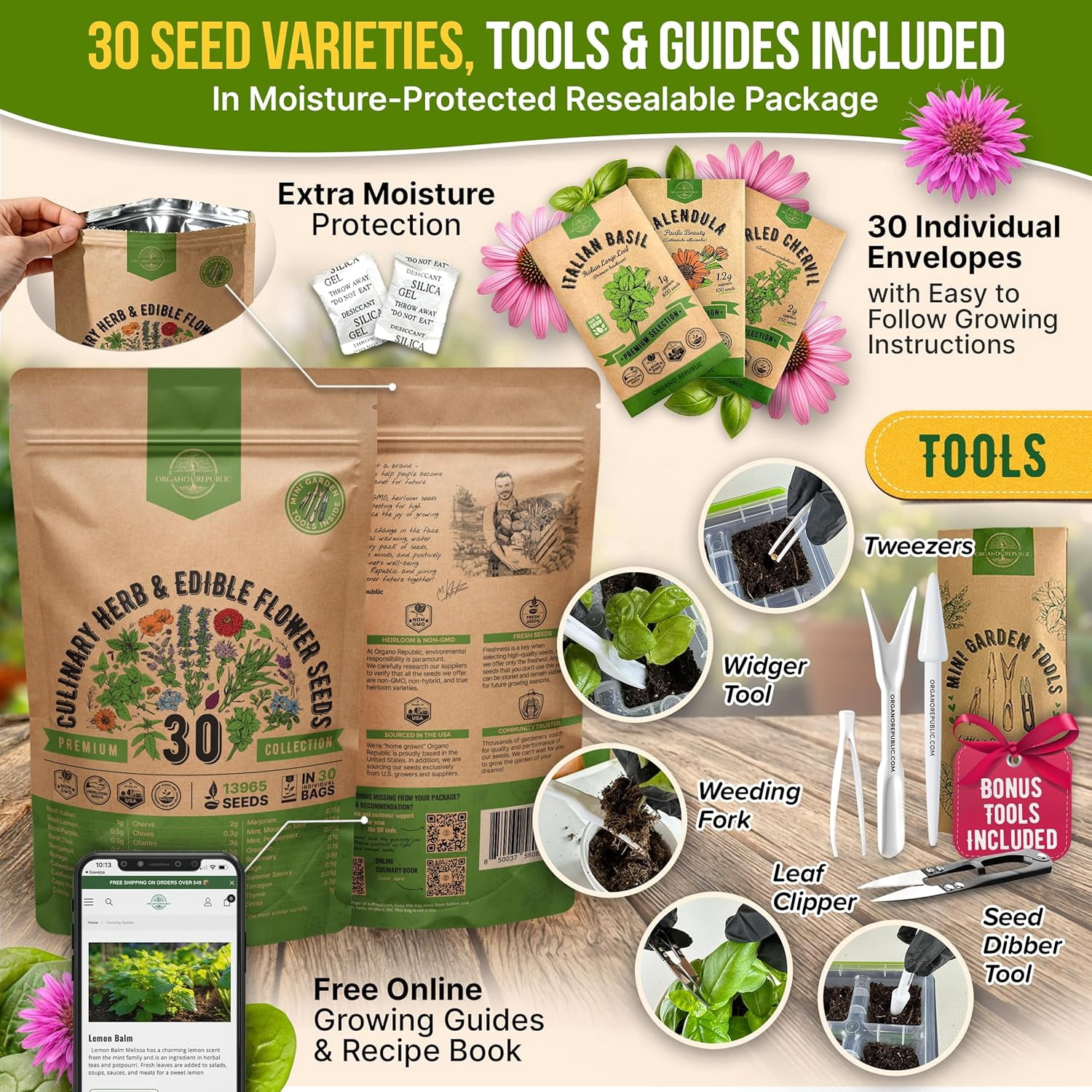 Organo Republic - 30 Culinary Herb & Edible Flower Seeds Varieties - 13,960+ Non GMO Heirloom Seeds