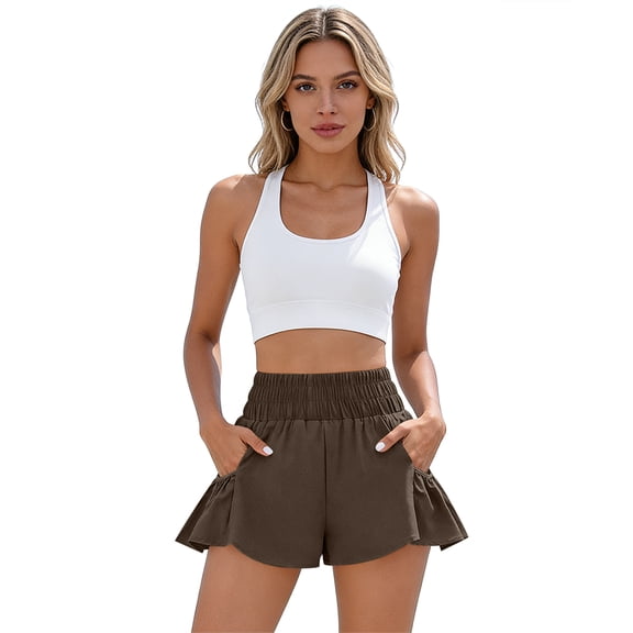 Dwellite Flowy Athletic Shorts for Women High Waist Running Workout Pant Gym Short Quick Dry with Pockets Brown 2XL