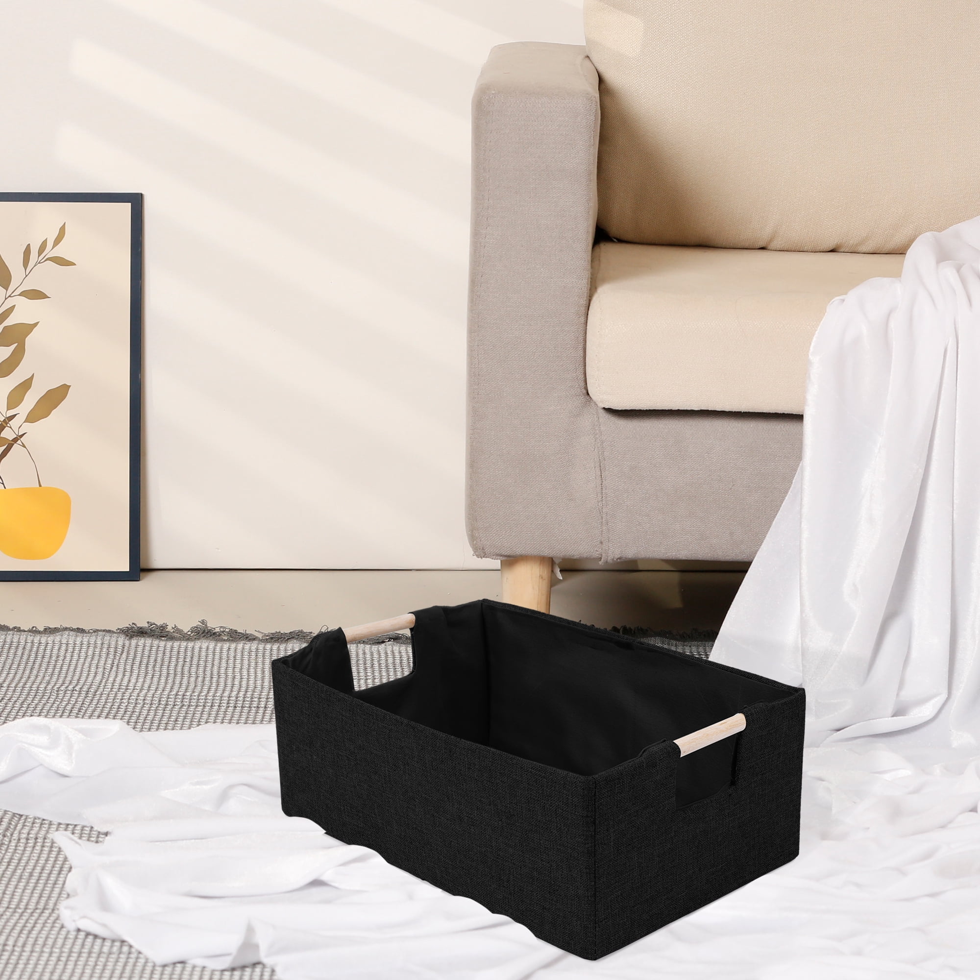 Unique Bargains Foldable Storage Basket with Wood Handles Black 15*10.6*5.9