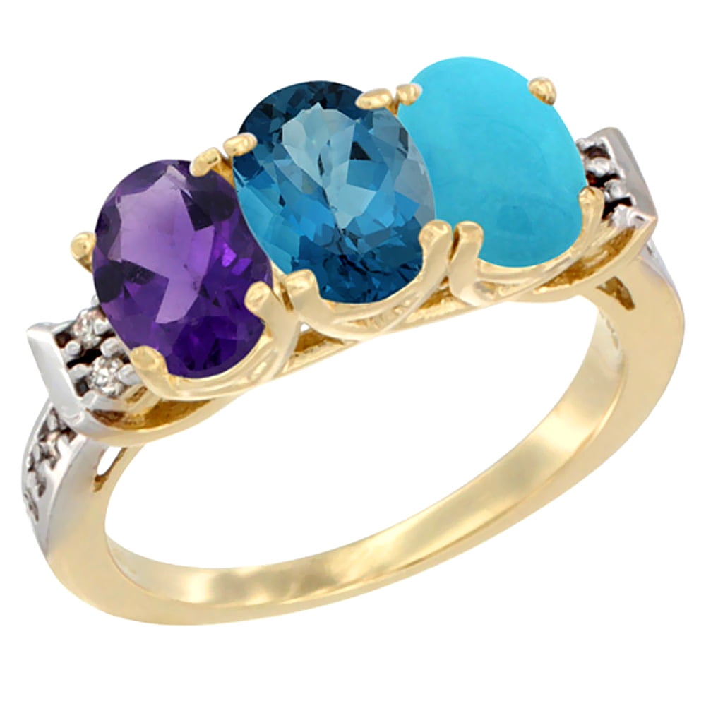 10K Yellow Gold Natural Amethyst, London Blue Topaz & Turquoise Ring 3-Stone Oval 7x5 mm Diamond Accent, sizes 5 10 by WorldJewels