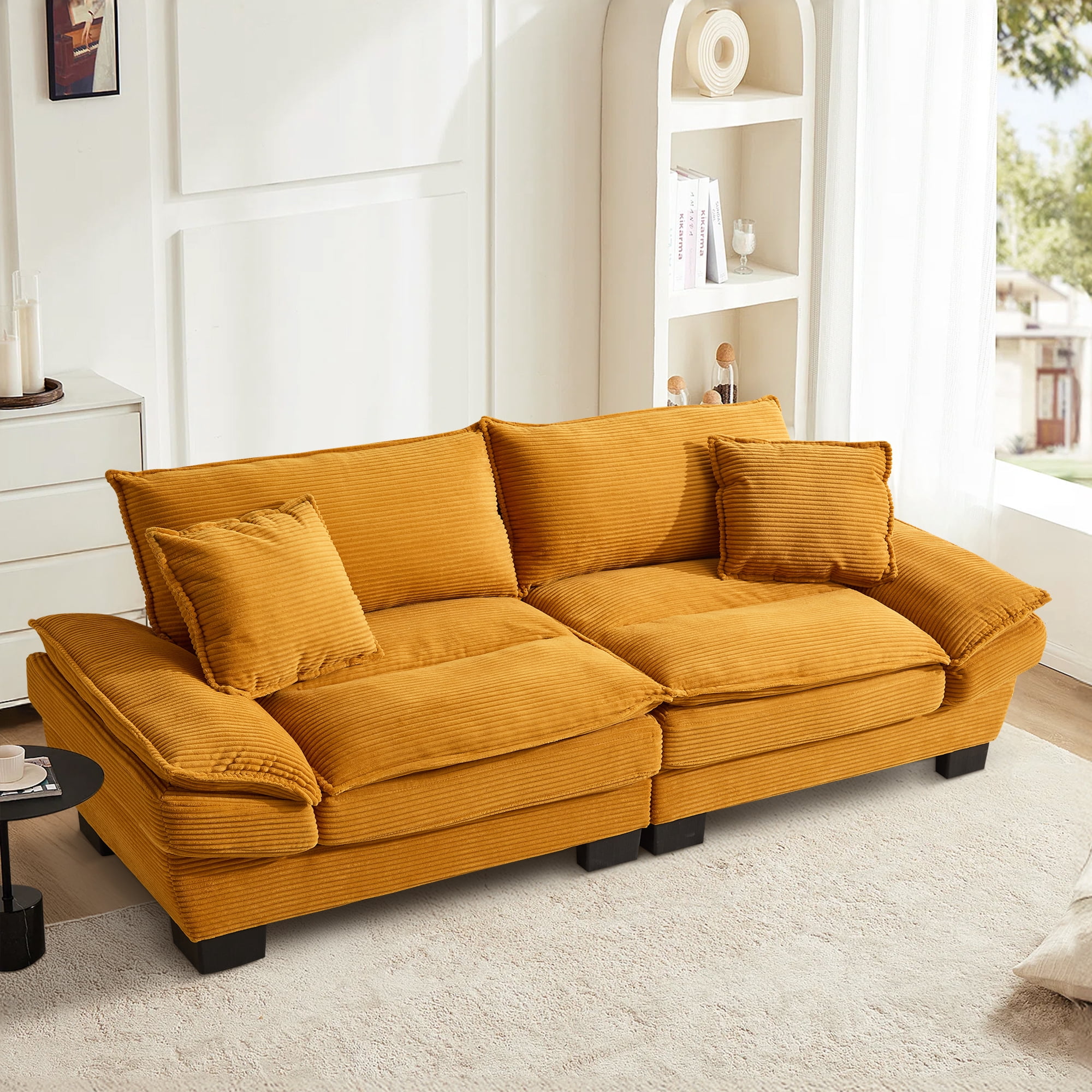 Dinosisco 84"L Deep Seat Sofa, Corduroy Upholstered Sleeper Couch for Living Room, Yellow