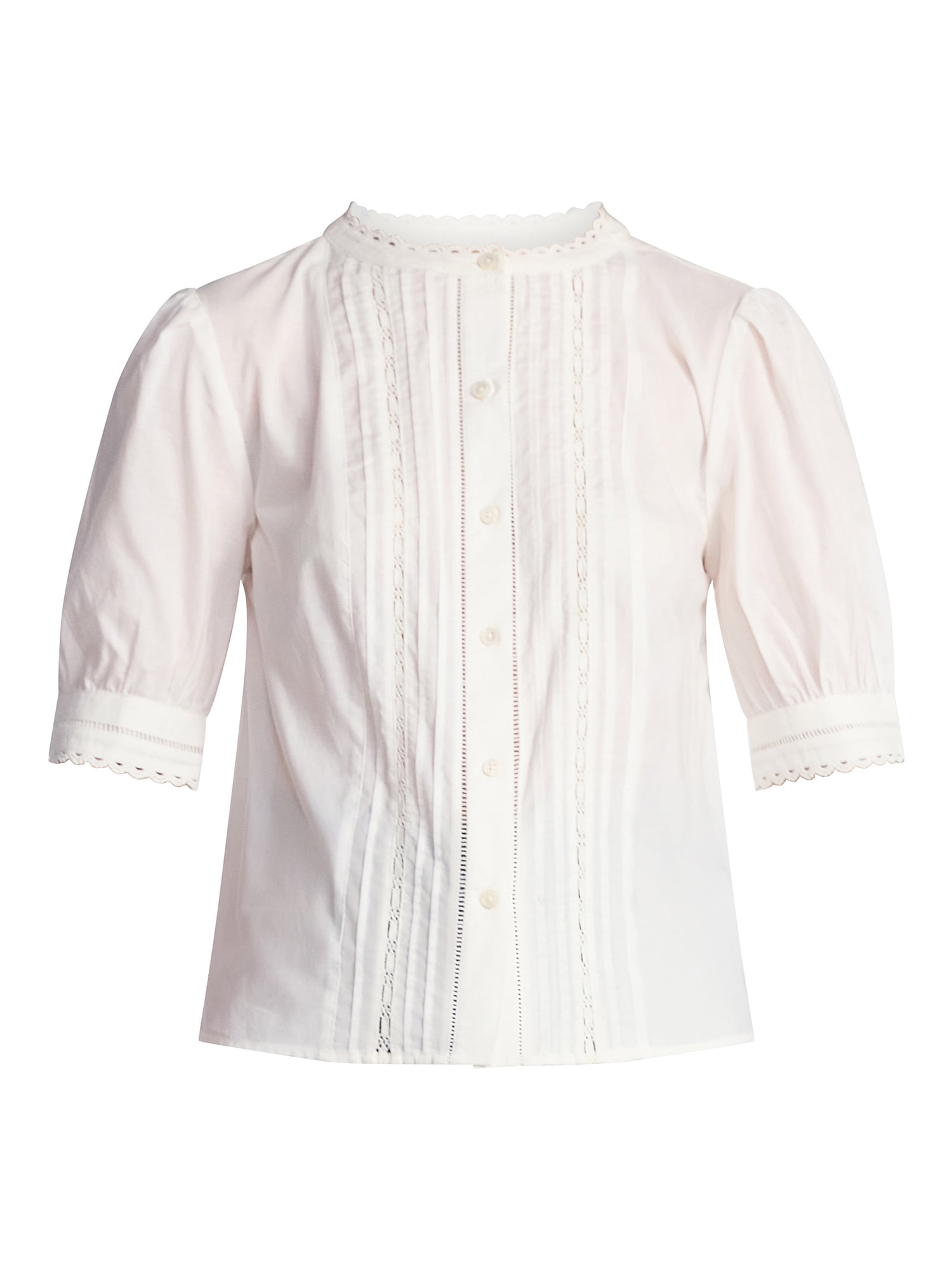 Time and Tru Women's and Women's Plus Cotton Lace Inset Blouse with Elbow Length Sleeves, Sizes XS-4X