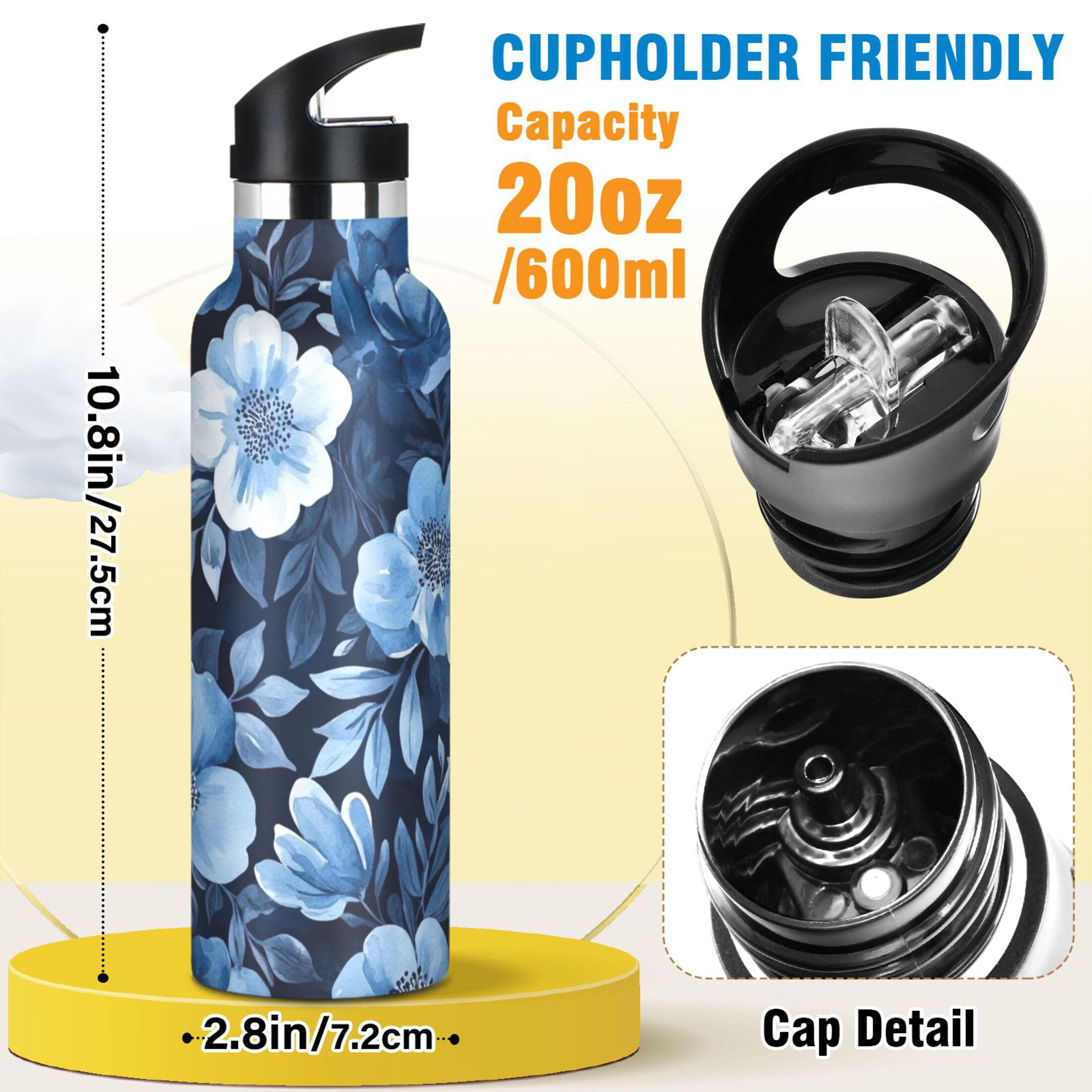600ML Stainless Steel Insulated Cup Sports Water Bottle Portable Thermos Cup Water Glasses Insulated Tumblers Convenient and Durable Vibrant Blue Flowers