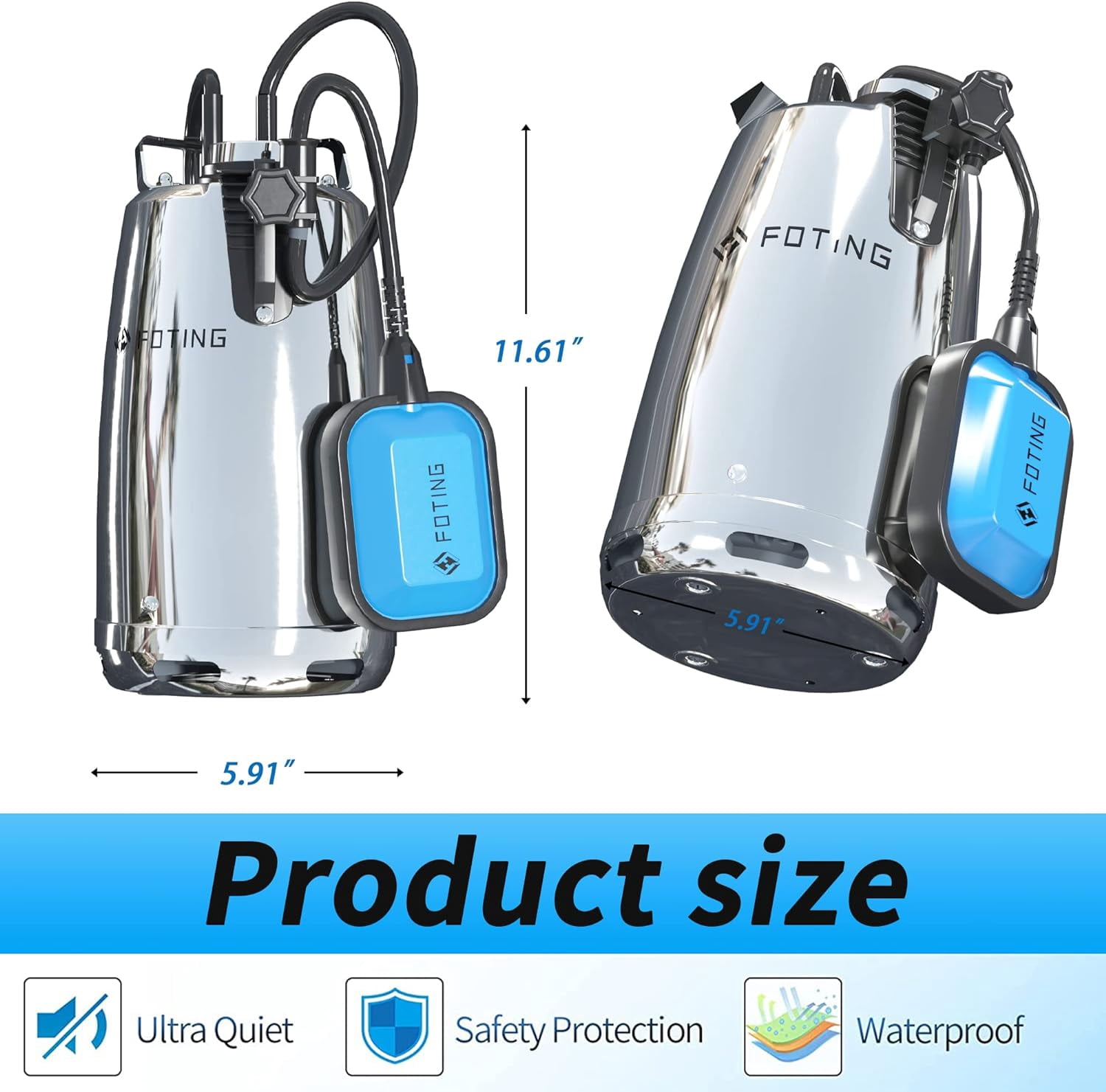 1 HP Stainless Steel Sump Pump, 3434 GPH 31ft Water Pump with Float Switch, Submersible Utility Pump for Basement Swimming Pool Draining Pond Garden Watering