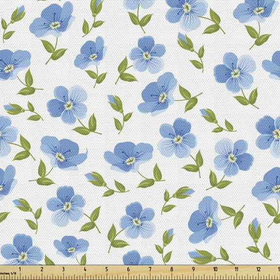 Ambesonne Nostalgic Fabric by the Yard Upholstery, Old Vintage Flowers, 5 Yards, Pale Blue White Green