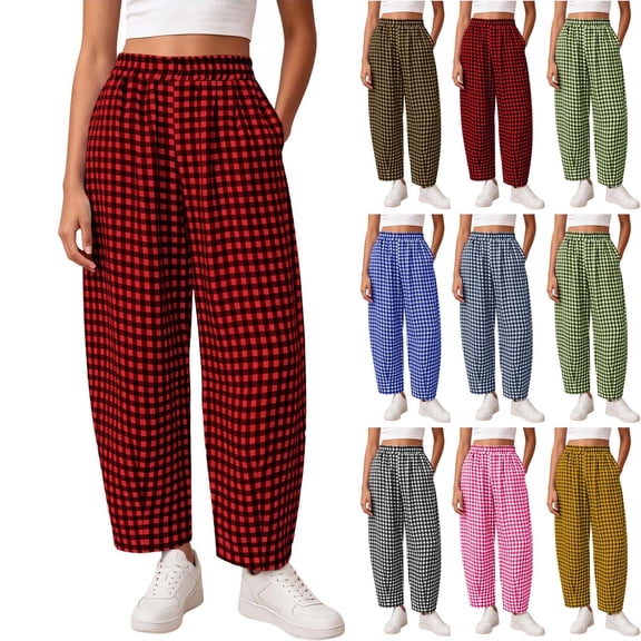 Womens Cotton Blend Gingham Plaid Pants Loose Fit High Waisted Wide Leg Ankle Pants with Pockets Casual Summer Fall Loungewear Trousers,Olive Green,L