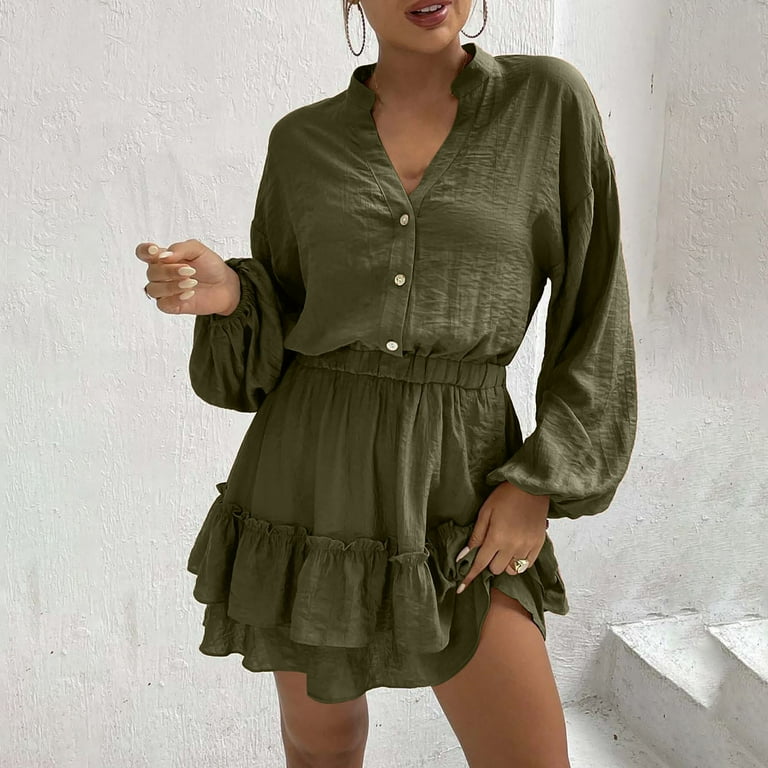 IROINNID Sales Semi Formal Dress for Women Long Sleeve Shirt Dress V Neck  Solid Color Ruffle Elastic Waistband Dress,Olive Green - Walmart.com