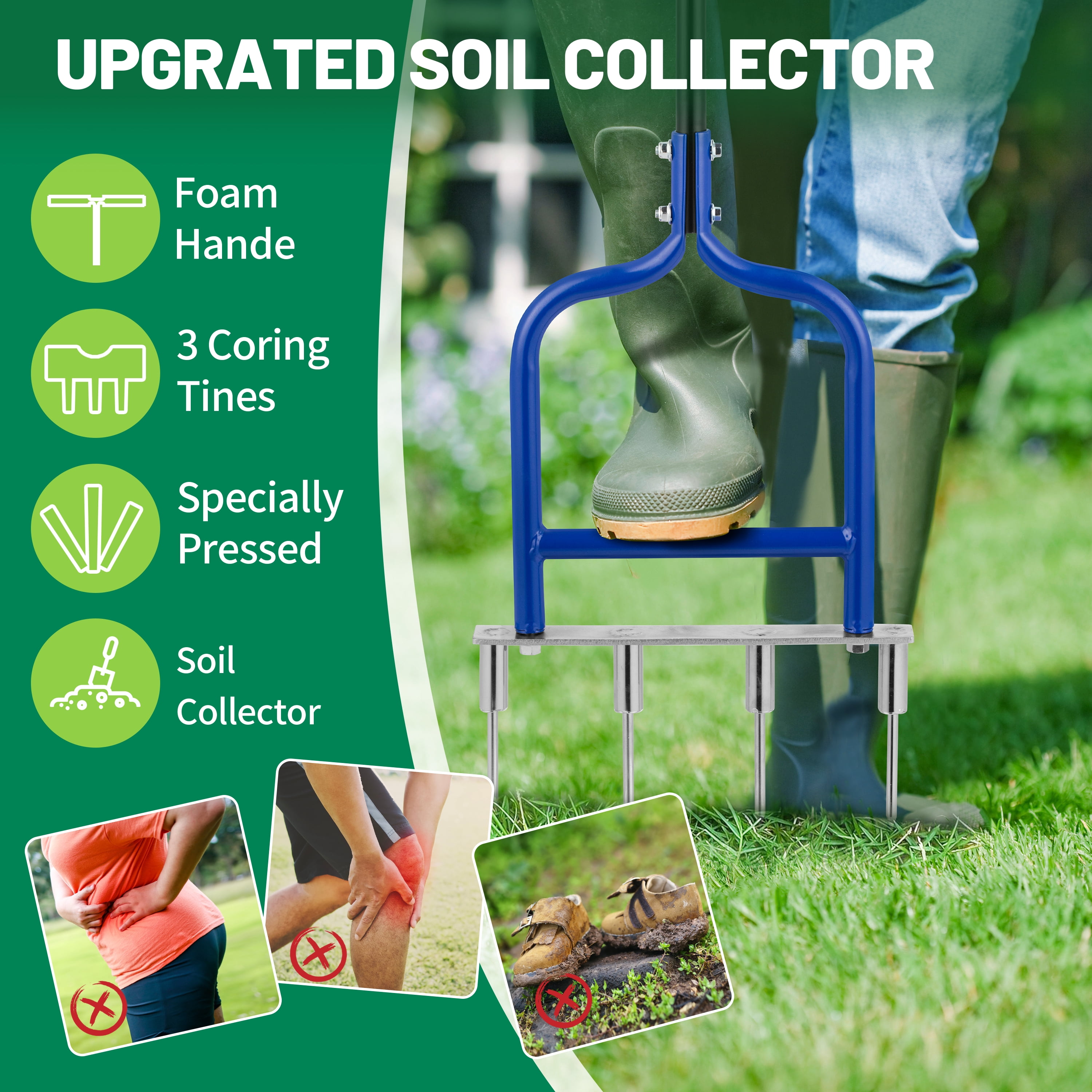 YOWPSY Spike Tine Fork Lawn Aerator - Four 5.2'' Stainless Steel Spikes Manual Gardening Hand Tool - Grass Dethatcher Aerator Lawn Tool with Solid Tines for Compacted Soil - Lawn Plugger Aerator.