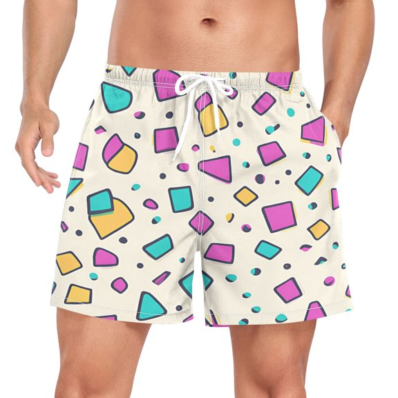 FORMRS Mens Swim Trunks Mesh Liner Quick Dry Casual Beach Board Shorts with Pockets, Sizes S-2XL, Beige Retro Pattern