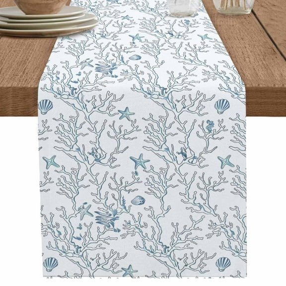 nqOlkjepod Blue Coral Coastal Table Runner 60 Inches Long Farmhouse Dress Scarves, Cute Starfish Conch Ocean Dining Tablerunner for Coffee Table/Kitchen Island/Party Décor, 13" x 60"