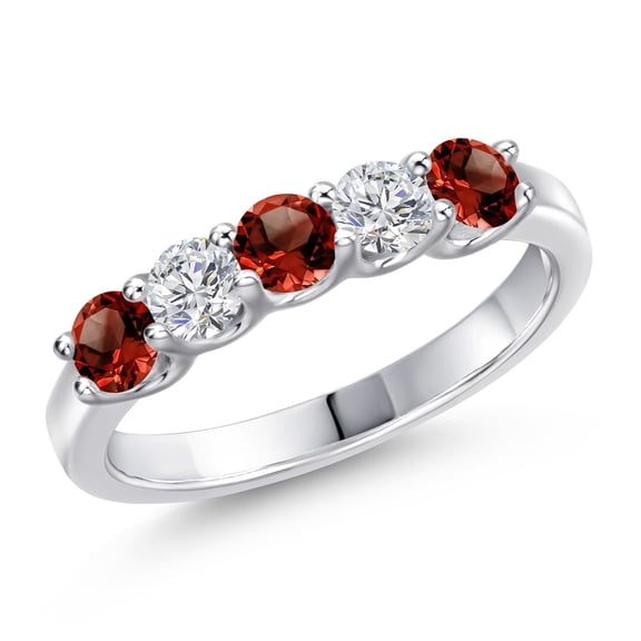 Gem Stone King 925 Sterling Silver Red Garnet and Lab Grown Diamond Wedding-Bands Ring for Women | 0.94 Cttw | Round 3.5MM | Gemstone January Birthstone | Size 7